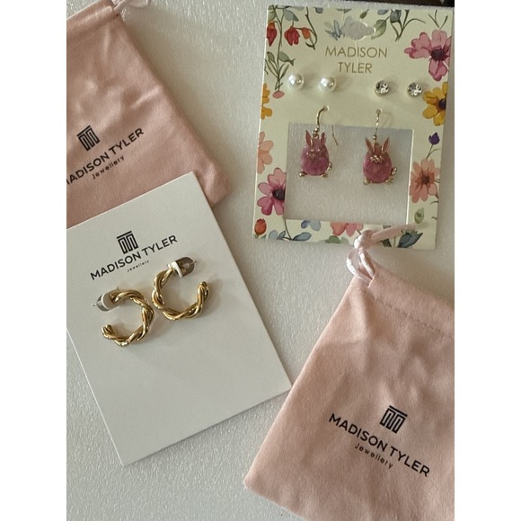 Madison Jewelry - Easter Bunny Earrings SPRING Pearls Rhinestones Gold Hoops Earrings Lot
